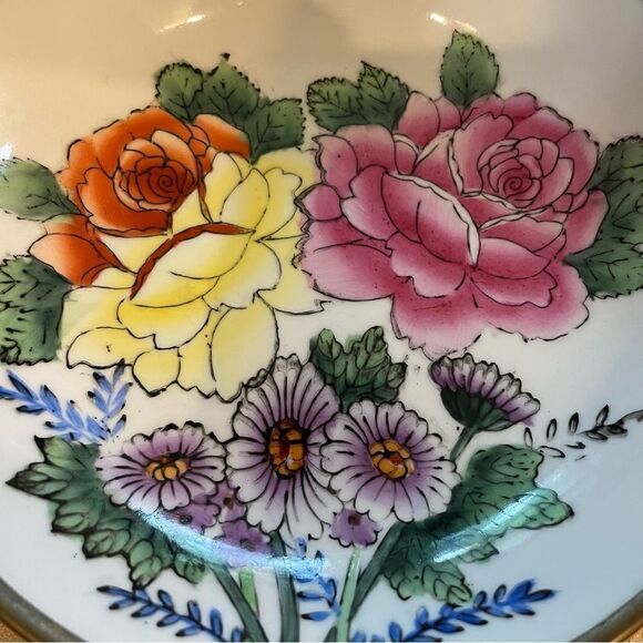 Mid century Porcelain Floral and Duck Brass Bowl set for hanging or display - Picture 9 of 17